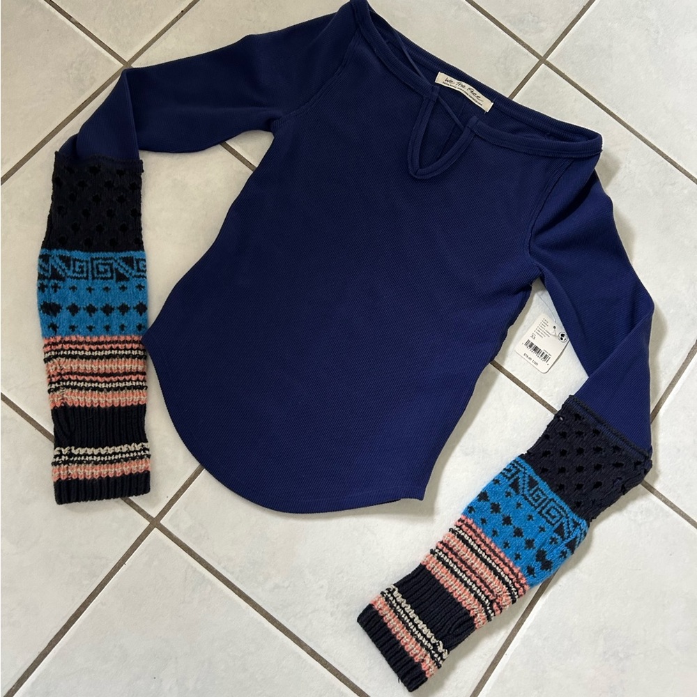 We The Free by Free People Navy Top with Multicolor Patterned Cuffs